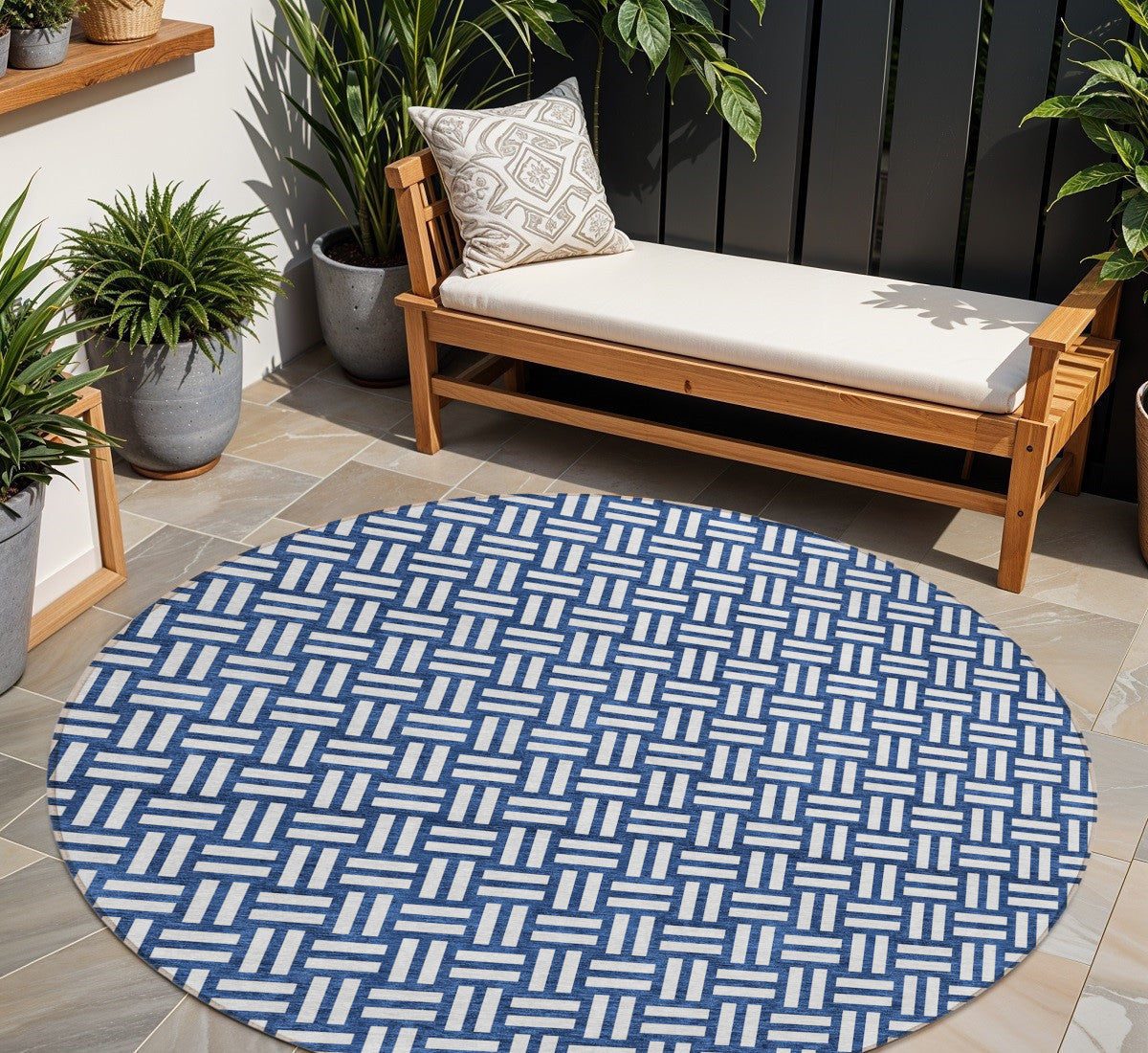 Tabselect Home Line 8' Navy Blue And Ivory Round Geometric Washable Indoor Outdoor Area Rug