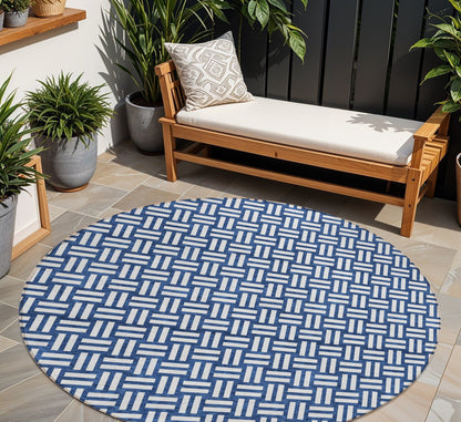 Tabselect Home Line 8' Navy Blue And Ivory Round Geometric Washable Indoor Outdoor Area Rug