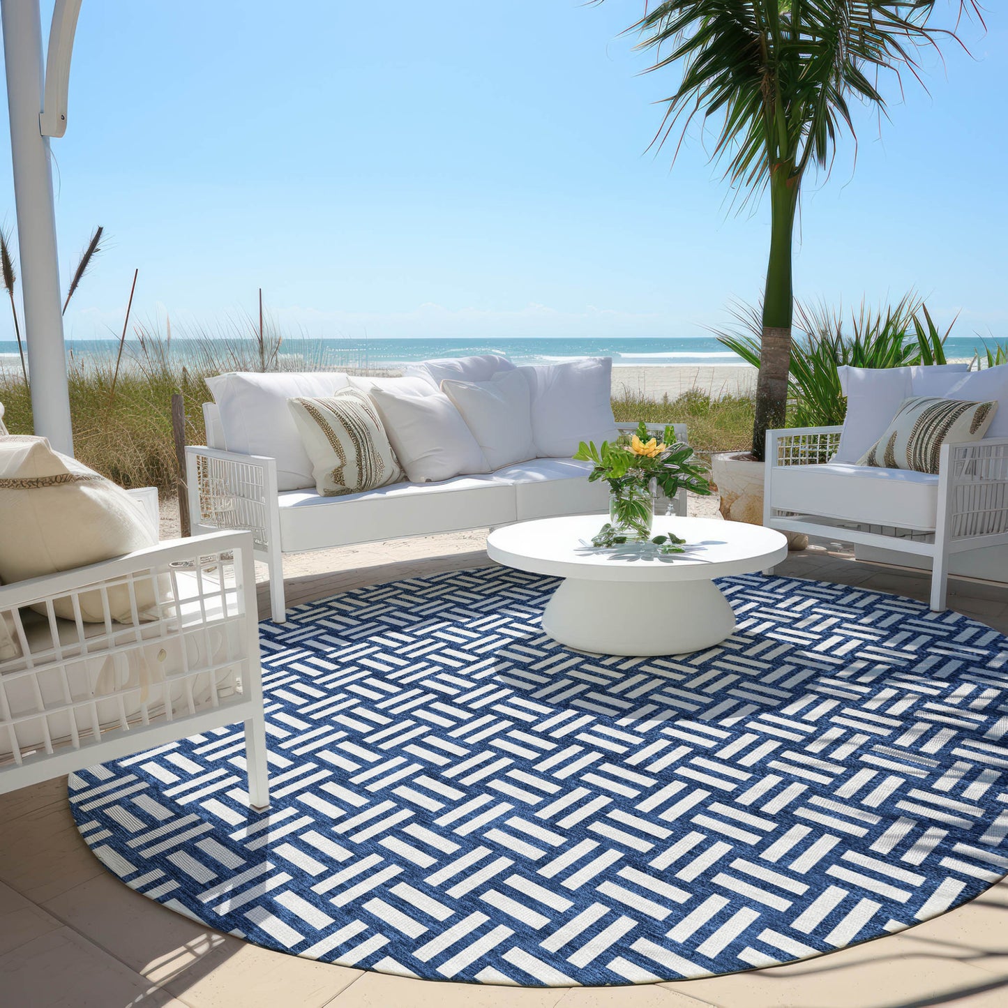 Tabselect Home Line 8' Navy Blue And Ivory Round Geometric Washable Indoor Outdoor Area Rug