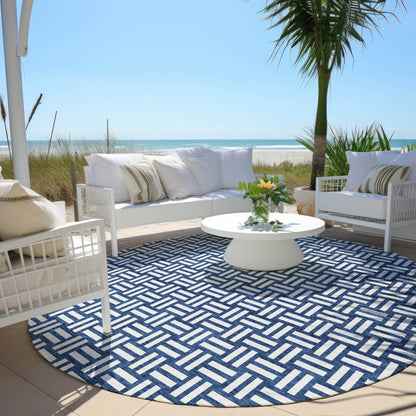 Tabselect Home Line 8' Navy Blue And Ivory Round Geometric Washable Indoor Outdoor Area Rug