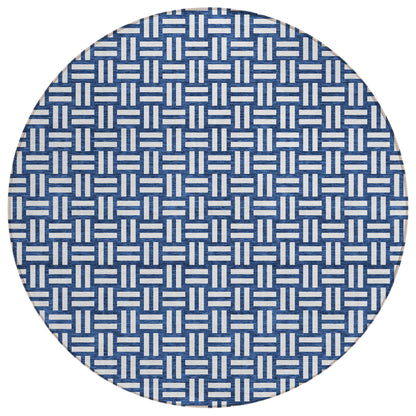Tabselect Home Line 8' Navy Blue And Ivory Round Geometric Washable Indoor Outdoor Area Rug