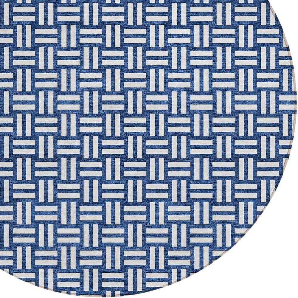 Tabselect Home Line 8' Navy Blue And Ivory Round Geometric Washable Indoor Outdoor Area Rug