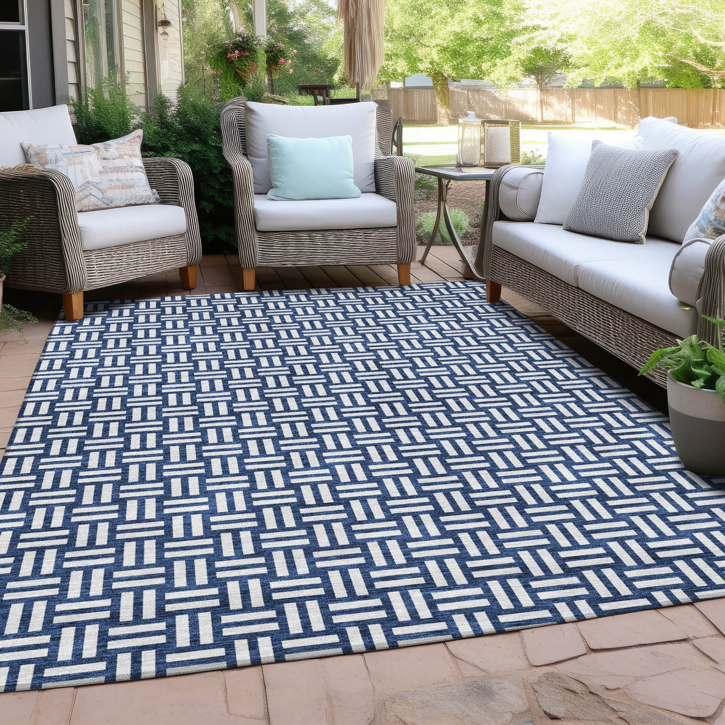 Tabselect Home Line 8' X 10' Navy Blue And Ivory Geometric Washable Indoor Outdoor Area Rug