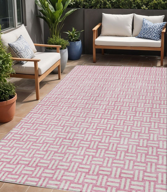Tabselect Home Line 5' X 8' Pink And Ivory Geometric Washable Indoor Outdoor Area Rug
