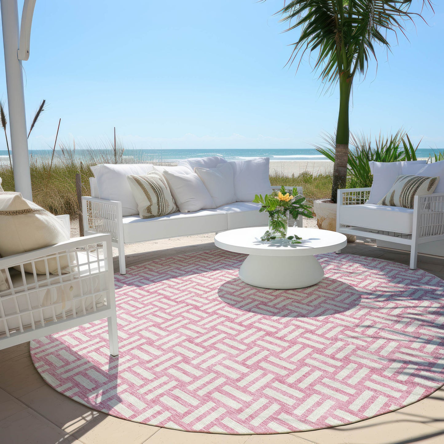 Tabselect Home Line 8' Pink And Ivory Round Geometric Washable Indoor Outdoor Area Rug
