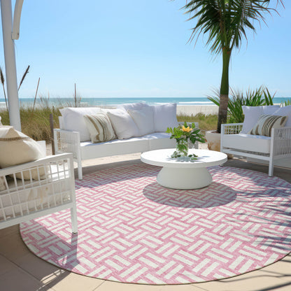 Tabselect Home Line 8' Pink And Ivory Round Geometric Washable Indoor Outdoor Area Rug