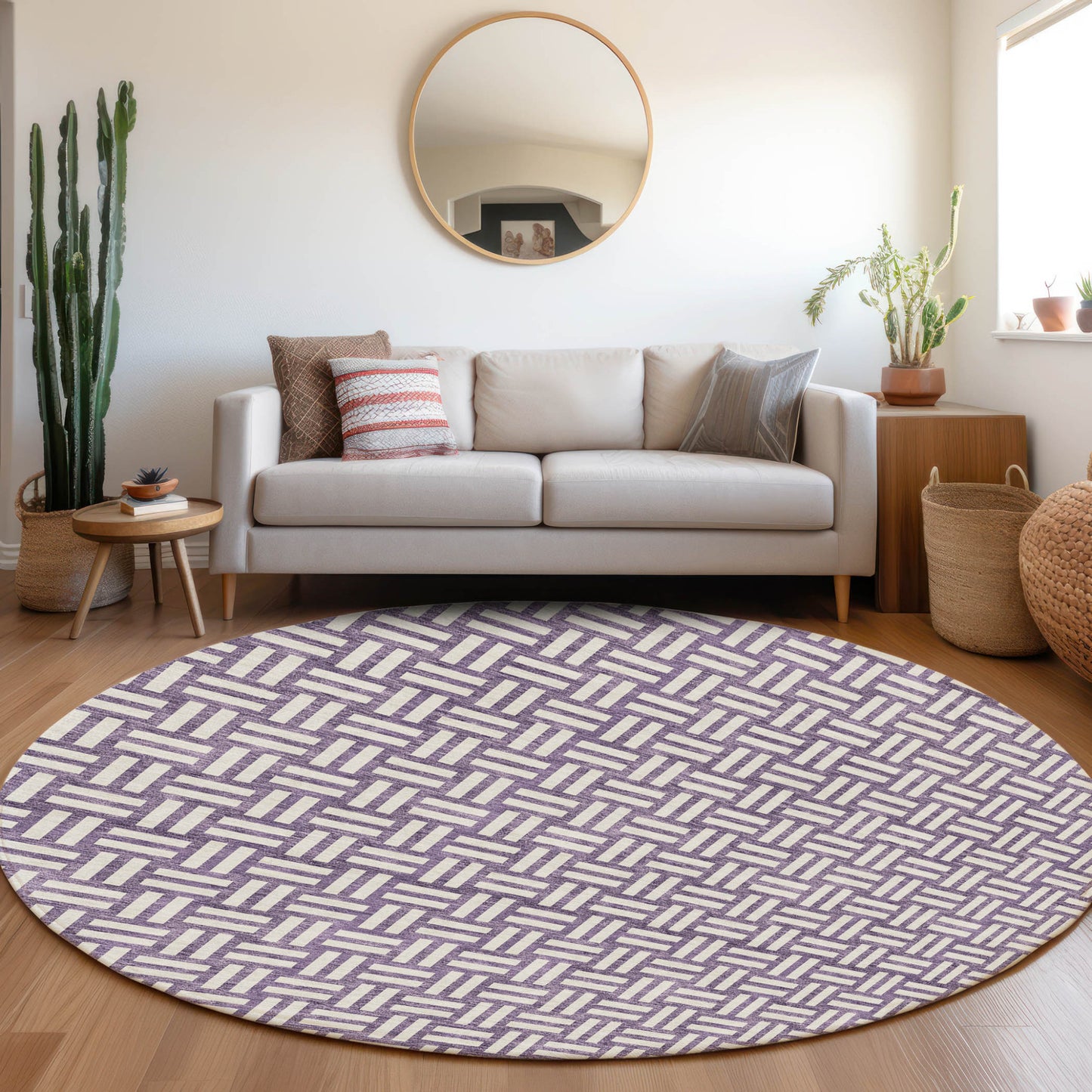 Tabselect Home Line 8' Purple And Ivory Round Geometric Washable Indoor Outdoor Area Rug