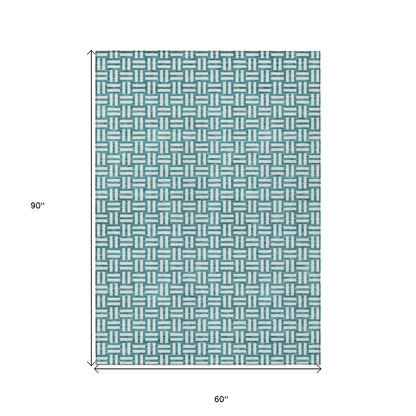 Tabselect Home Line 5' X 8' Teal Blue And Gray Geometric Washable Indoor Outdoor Area Rug