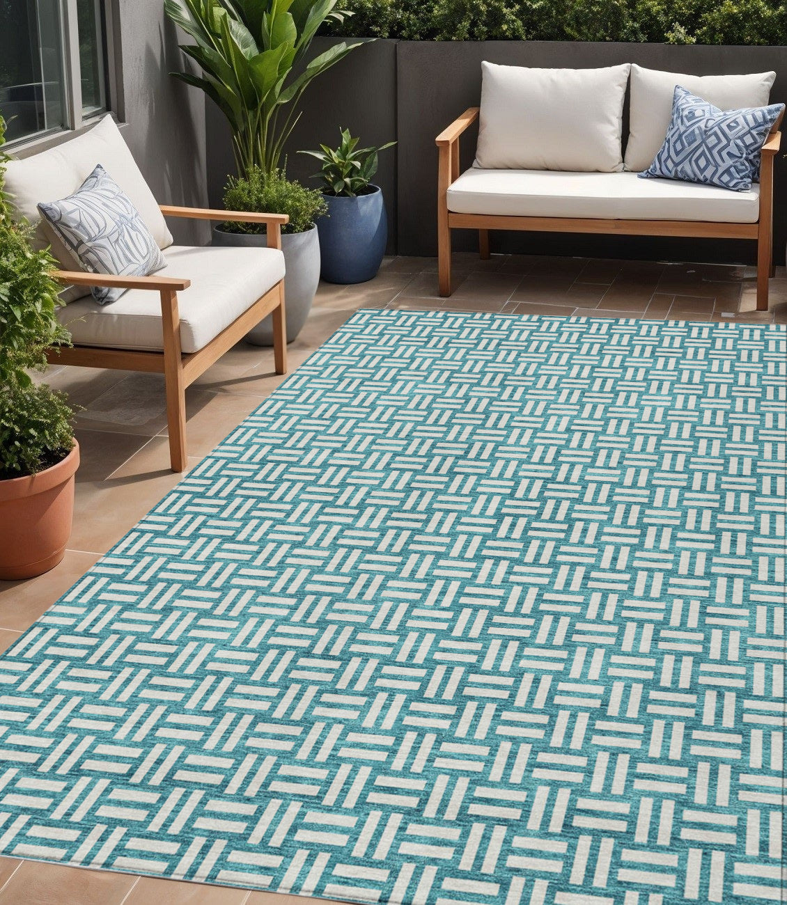 Tabselect Home Line 5' X 8' Teal Blue And Gray Geometric Washable Indoor Outdoor Area Rug