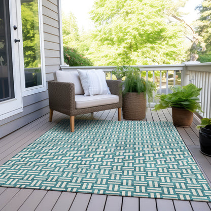 Tabselect Home Line 5' X 8' Teal Blue And Gray Geometric Washable Indoor Outdoor Area Rug
