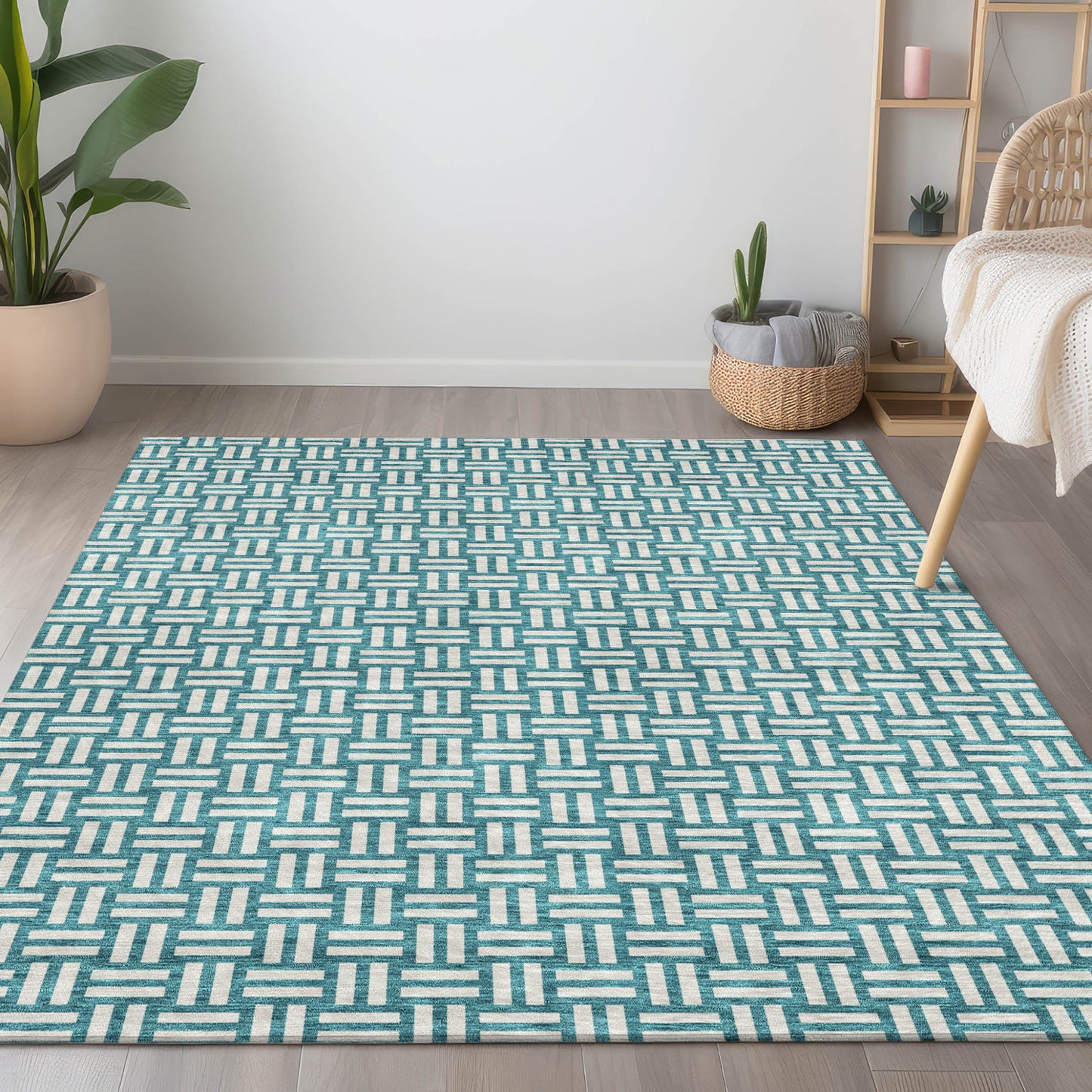 Tabselect Home Line 5' X 8' Teal Blue And Gray Geometric Washable Indoor Outdoor Area Rug