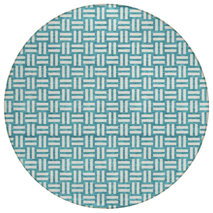 Tabselect Home Line 8' Teal Blue And Gray Round Geometric Washable Indoor Outdoor Area Rug