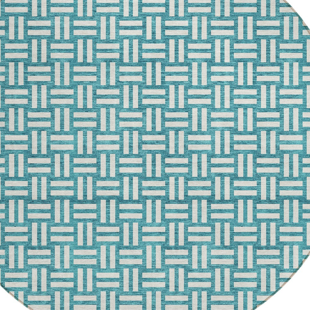 Tabselect Home Line 8' Teal Blue And Gray Round Geometric Washable Indoor Outdoor Area Rug