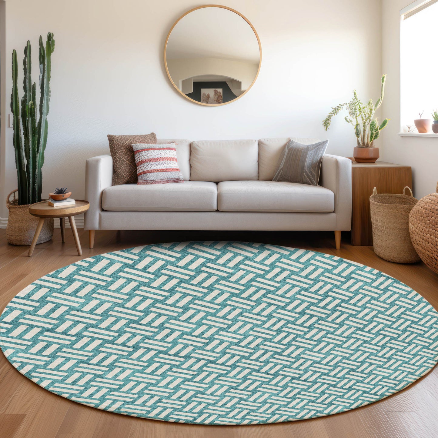 Tabselect Home Line 8' Teal Blue And Gray Round Geometric Washable Indoor Outdoor Area Rug