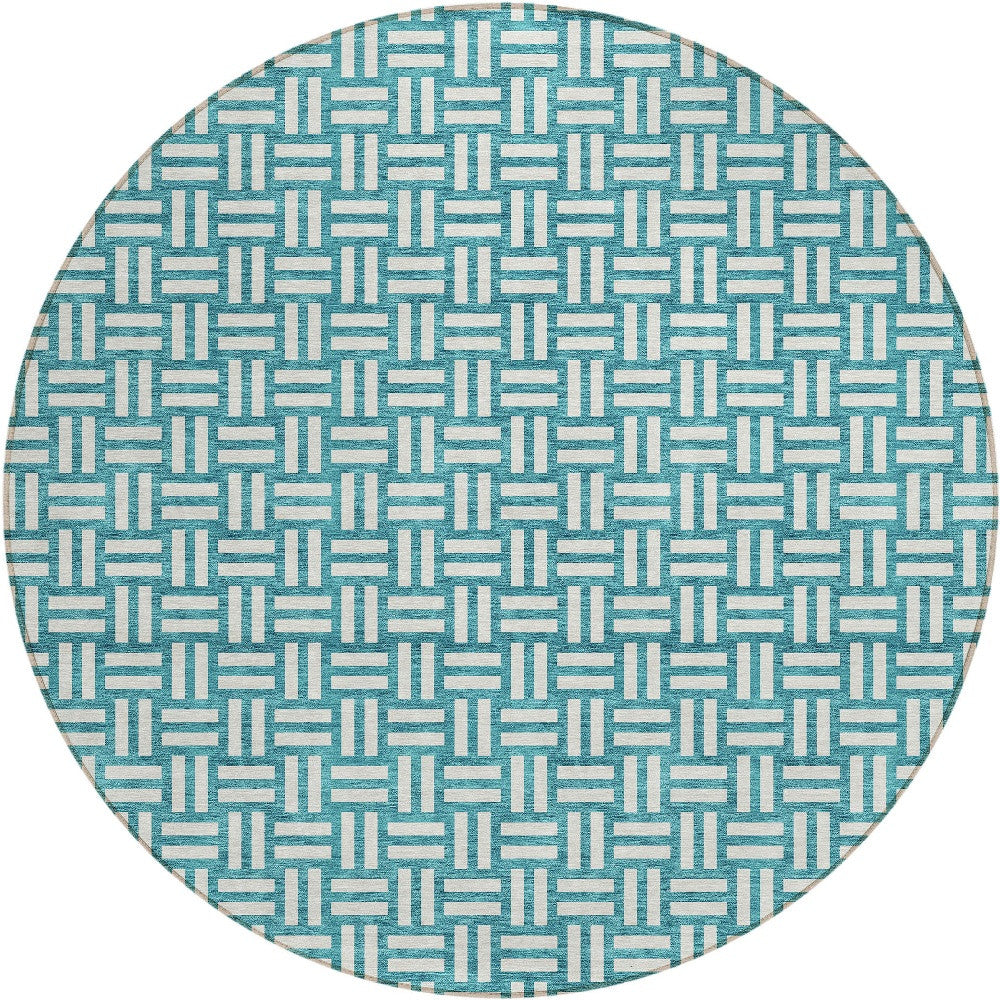 Tabselect Home Line 8' Teal Blue And Gray Round Geometric Washable Indoor Outdoor Area Rug