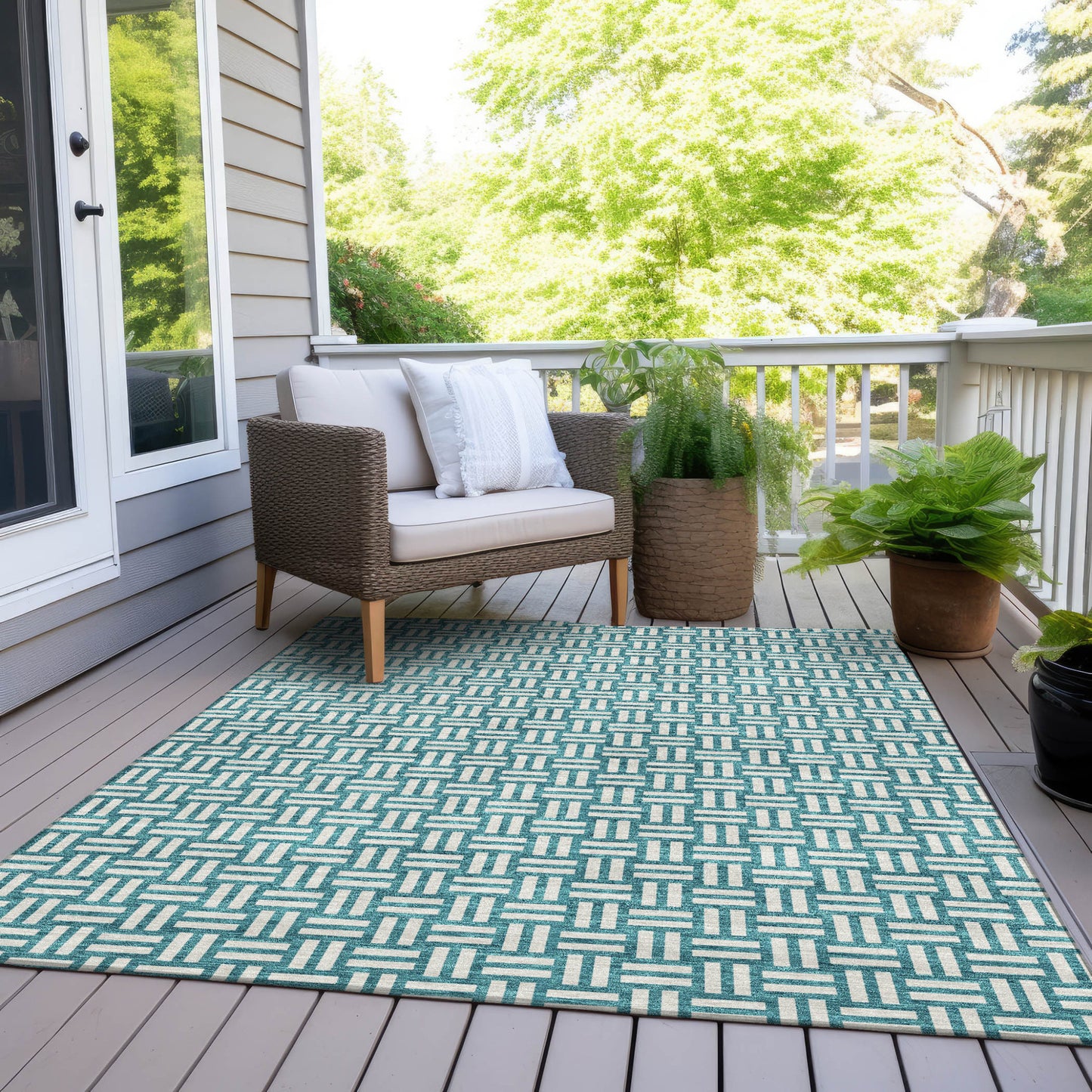 Tabselect Home Line 8' X 10' Teal Blue And Gray Geometric Washable Indoor Outdoor Area Rug