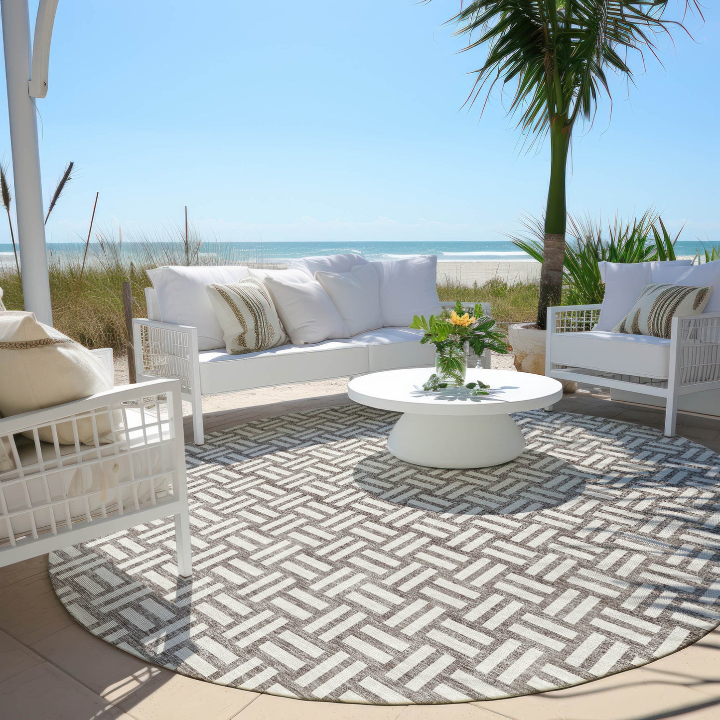 Tabselect Home Line 8' Taupe And Gray Round Geometric Washable Indoor Outdoor Area Rug