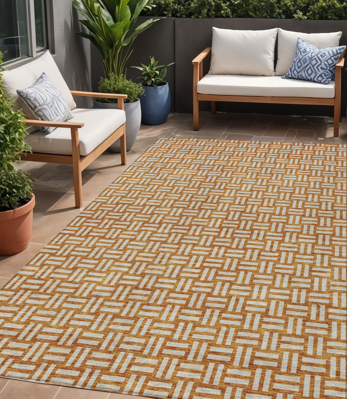 Tabselect Home Line 5' X 8' Terra Cotta And Beige Geometric Washable Indoor Outdoor Area Rug