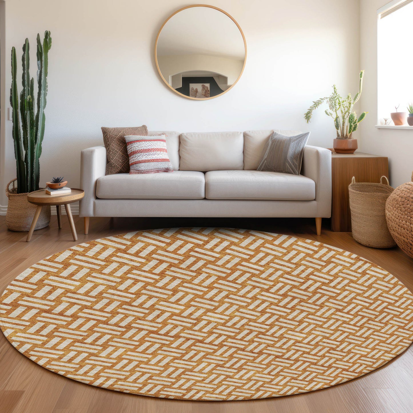 Tabselect Home Line 8' Terra Cotta And Beige Round Geometric Washable Indoor Outdoor Area Rug