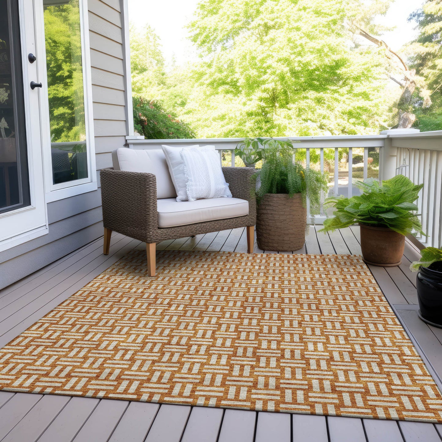 Tabselect Home Line 8' X 10' Terra Cotta And Beige Geometric Washable Indoor Outdoor Area Rug