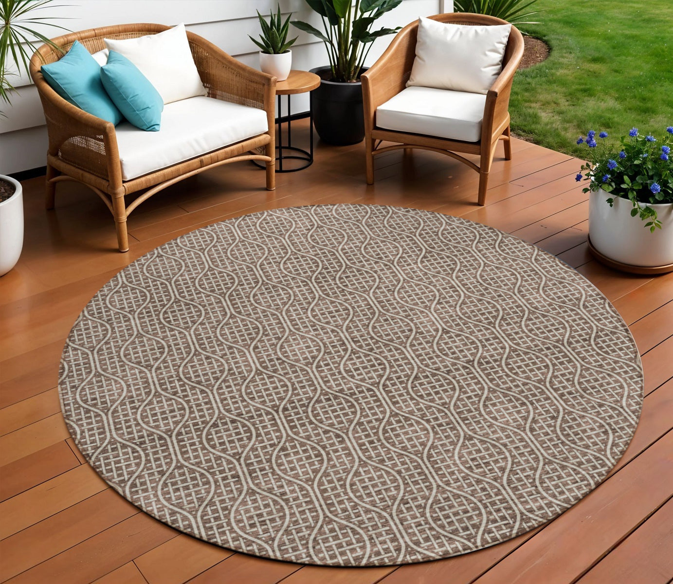 Tabselect Home Line 8' Brown And Beige Round Geometric Washable Indoor Outdoor Area Rug
