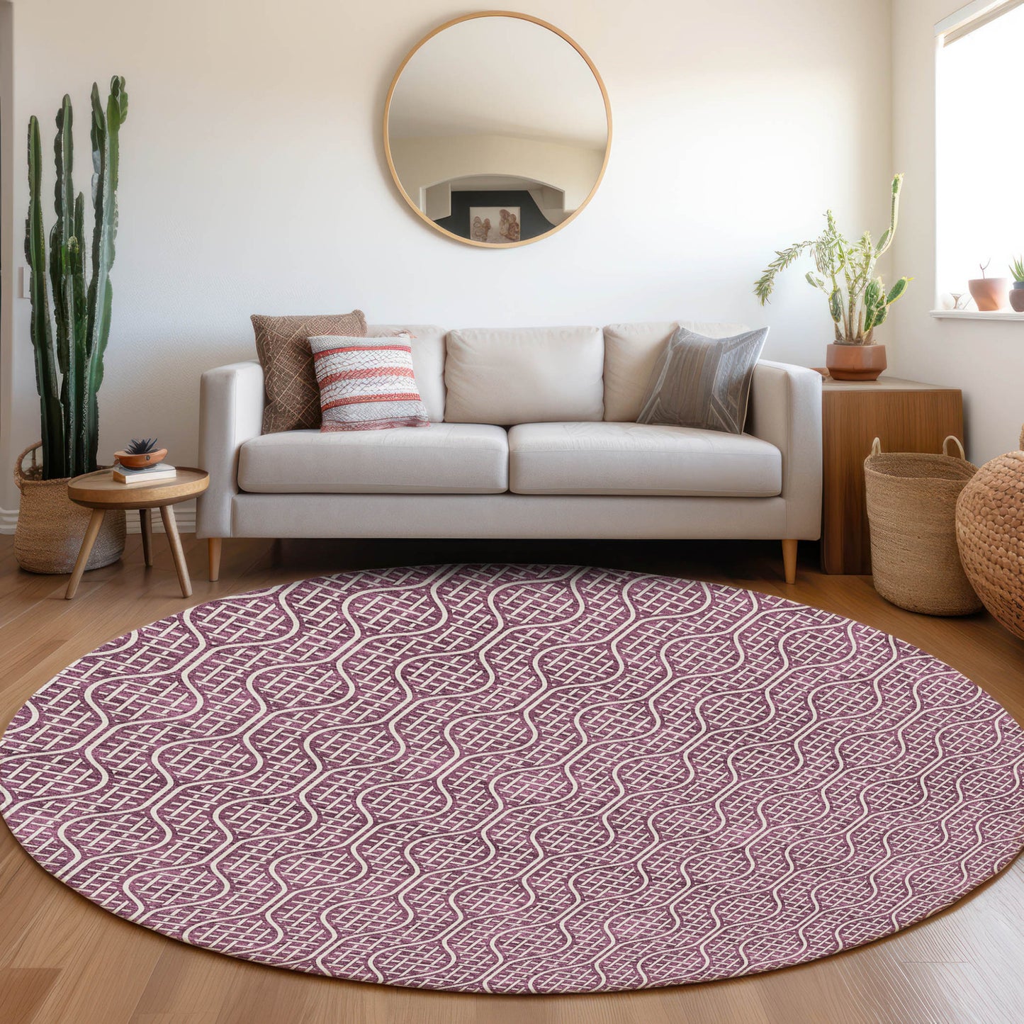 Tabselect Home Line 8' Eggplant And Ivory Round Geometric Washable Indoor Outdoor Area Rug