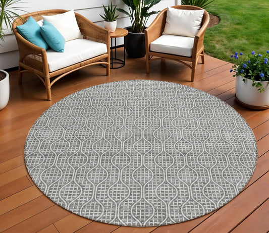 Tabselect Home Line 8' Gray And Ivory Round Geometric Washable Indoor Outdoor Area Rug
