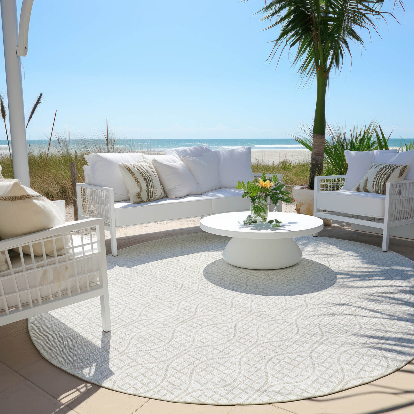 Tabselect Home Line 8' Ivory And Beige Round Geometric Washable Indoor Outdoor Area Rug