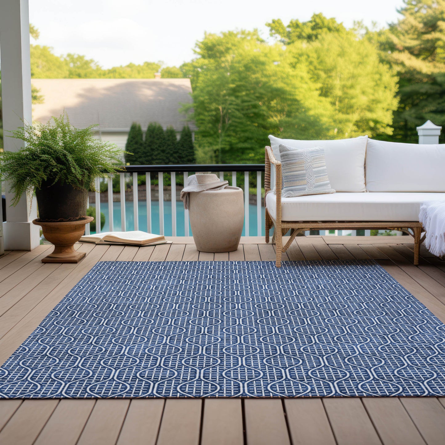 Tabselect Home Line 5' X 8' Navy Blue And Ivory Geometric Washable Indoor Outdoor Area Rug