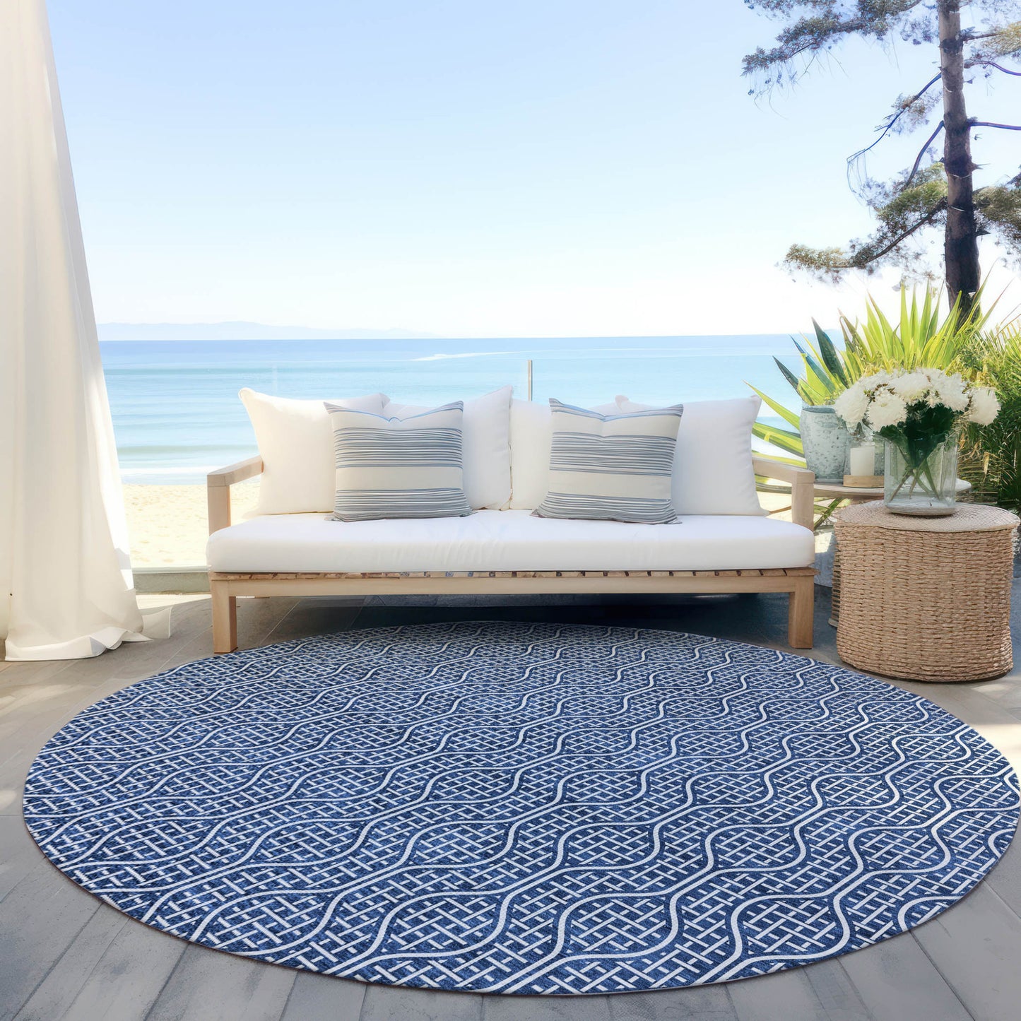 Tabselect Home Line 8' Navy Blue And Ivory Round Geometric Washable Indoor Outdoor Area Rug