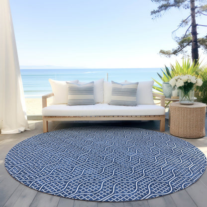 Tabselect Home Line 8' Navy Blue And Ivory Round Geometric Washable Indoor Outdoor Area Rug
