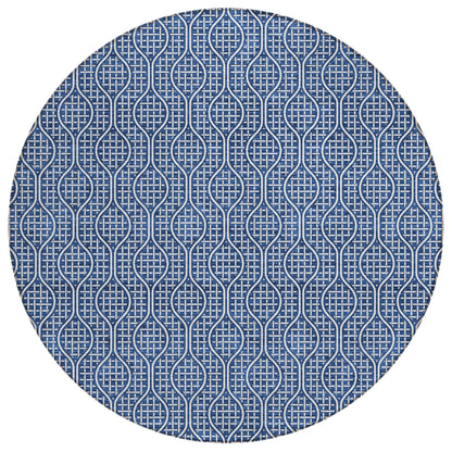 Tabselect Home Line 8' Navy Blue And Ivory Round Geometric Washable Indoor Outdoor Area Rug