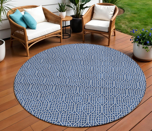 Tabselect Home Line 8' Navy Blue And Ivory Round Geometric Washable Indoor Outdoor Area Rug