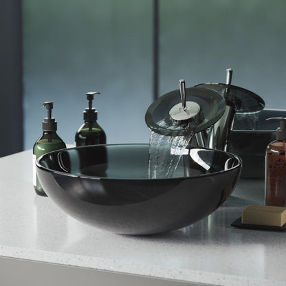 Swiss Madison Cascade 16.5 Color Glass Vessel Sink with Faucet, Black