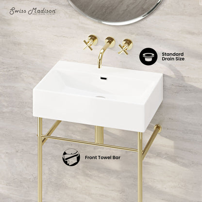 Swiss Madison Claire 24" Rectangle Zero Hole Console Sink with Glossy Gold Legs