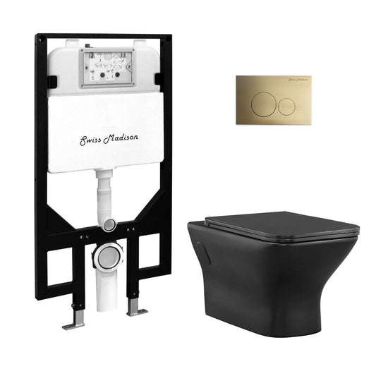 Swiss Madison Carre Wall-Hung Toilet Bundle 0.8/1.6 GPF Dual Flush in Matte Black with Brass Flush Plate