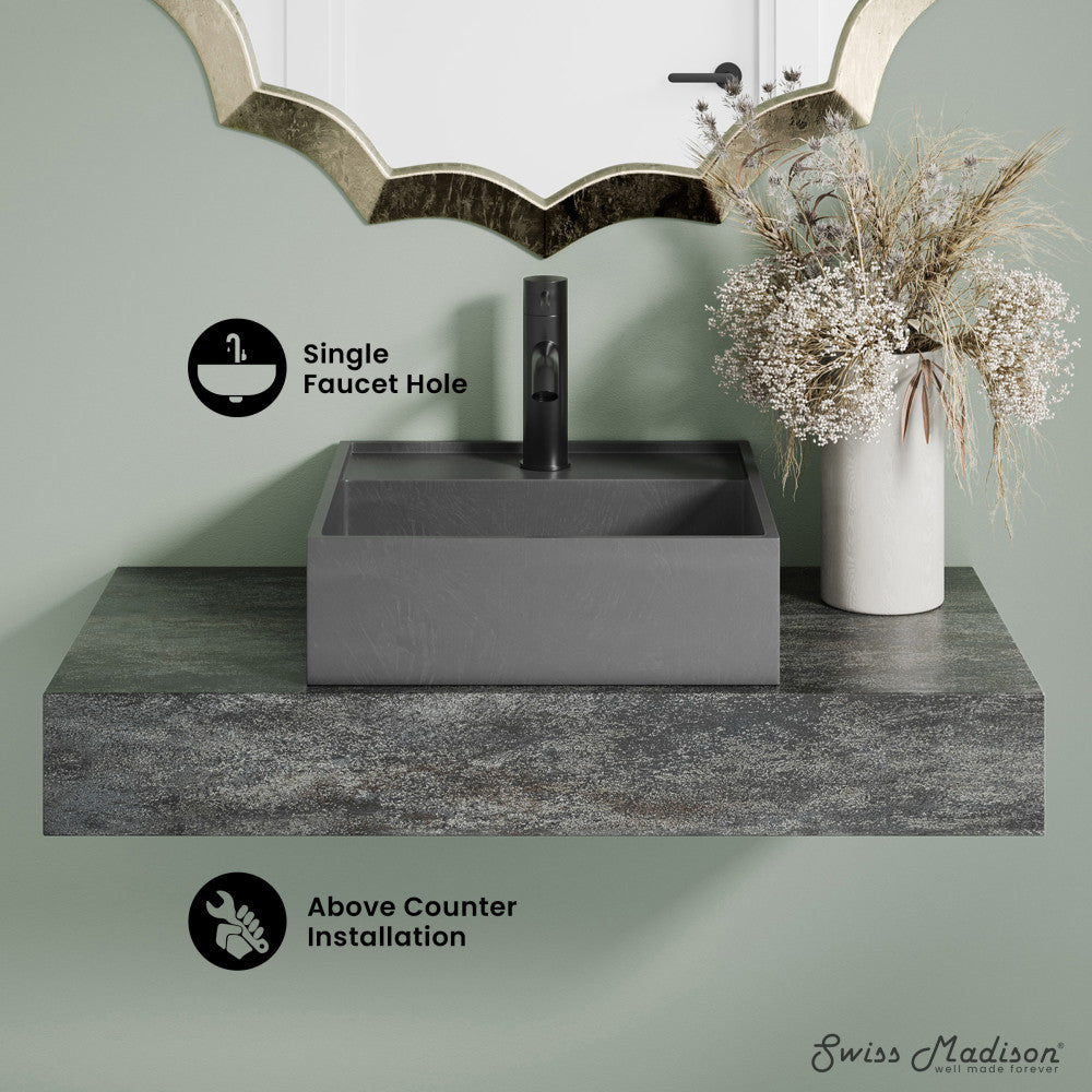 Swiss Madison Lisse 16" Square Concrete Vessel Bathroom Sink in Dark Grey