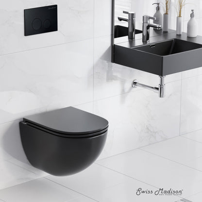 Swiss Madison St. Tropez Wall-Hung Toilet Bundle 0.8/1.6 GPF Dual Flush in Matte Black with Black Flush Plate