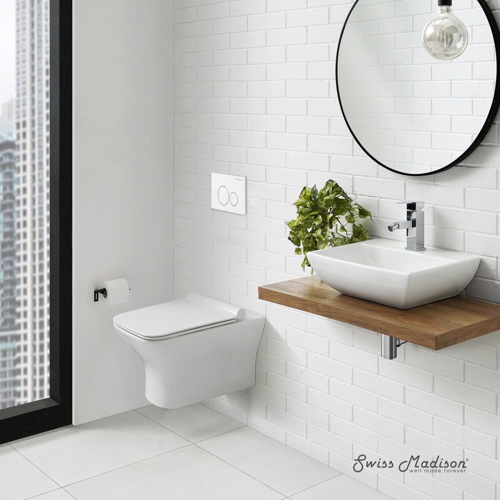 Swiss Madison Carre Wall-Hung Toilet Bundle 0.8/1.6 GPF Dual Flush in Glossy White with White Flush Plate