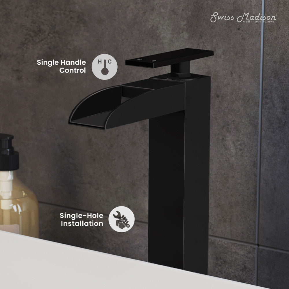 Swiss Madison Concorde Single Hole, Single-Handle, High Arc Waterfall, Bathroom Faucet in Matte Black