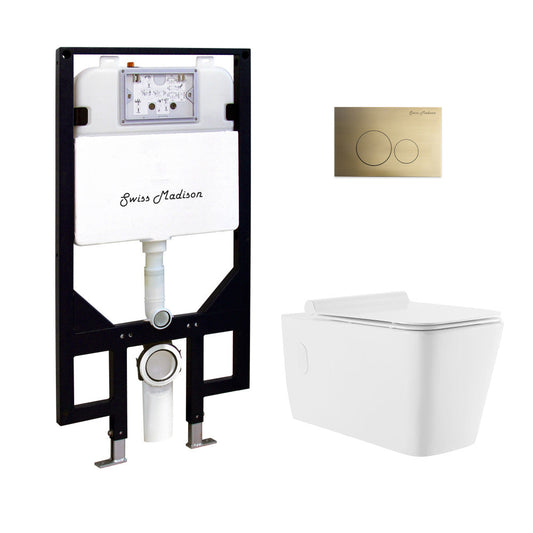 Swiss Madison Concorde Wall-Hung Toilet Bundle 0.8/1.6 GPF Dual Flush in Glossy White with Brass Flush Plate
