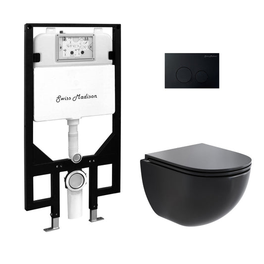Swiss Madison St. Tropez Wall-Hung Toilet Bundle 0.8/1.6 GPF Dual Flush in Matte Black with Black Flush Plate