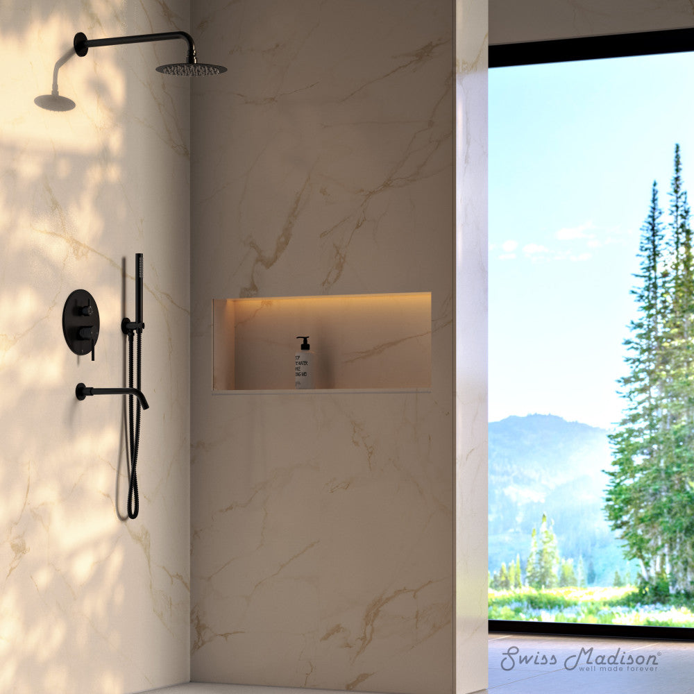 Swiss Madison Ivy 1.8 GPM Wall Mount Fixed Shower Head with Hand Sprayer and Tub Filler in Matte Black, Valve Included
