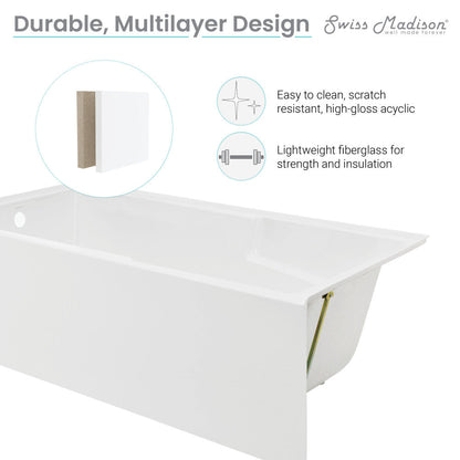 Swiss Madison Voltaire 72" x 36" Left-Hand Drain Alcove Bathtub with Apron and Armrest