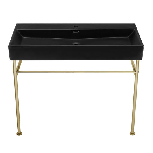 Swiss Madison Claire 40 Ceramic Console Sink Matte Black Basin Gold Legs