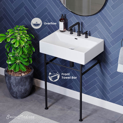 Swiss Madison Claire 24" Console Sink White Basin Black Legs with 8" Widespread Holes