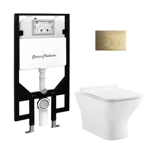 Swiss Madison Carre Wall-Hung Toilet Bundle 0.8/1.6 GPF Dual Flush in Glossy White with Brass Flush Plate