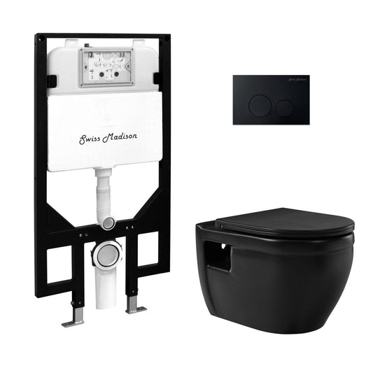 Swiss Madison Ivy Wall-Hung Toilet Bundle 0.8/1.6 GPF Dual Flush in Matte Black with Black Flush Plate