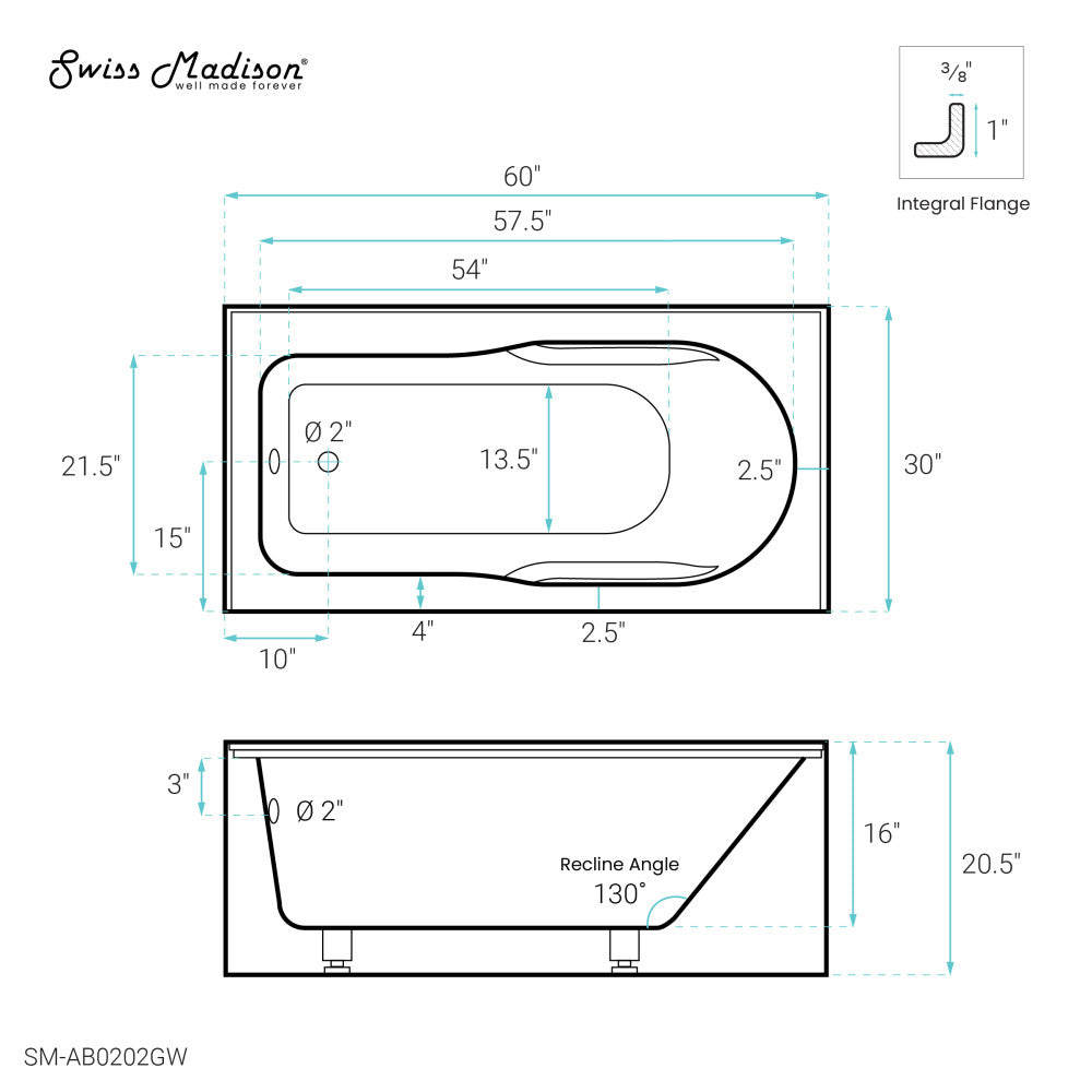 Swiss Madison Concorde 60" x 30" Left-Hand Drain Alcove Bathtub with Apron and Armrest
