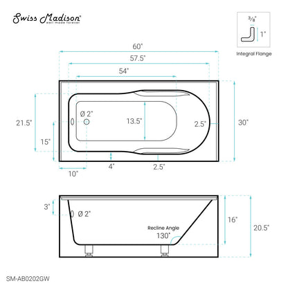 Swiss Madison Concorde 60" x 30" Left-Hand Drain Alcove Bathtub with Apron and Armrest